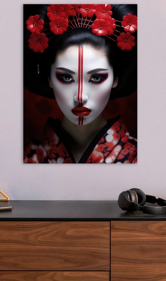 Geisha Portrait with Red Floral Headdres — metal poster wall art by Lineer